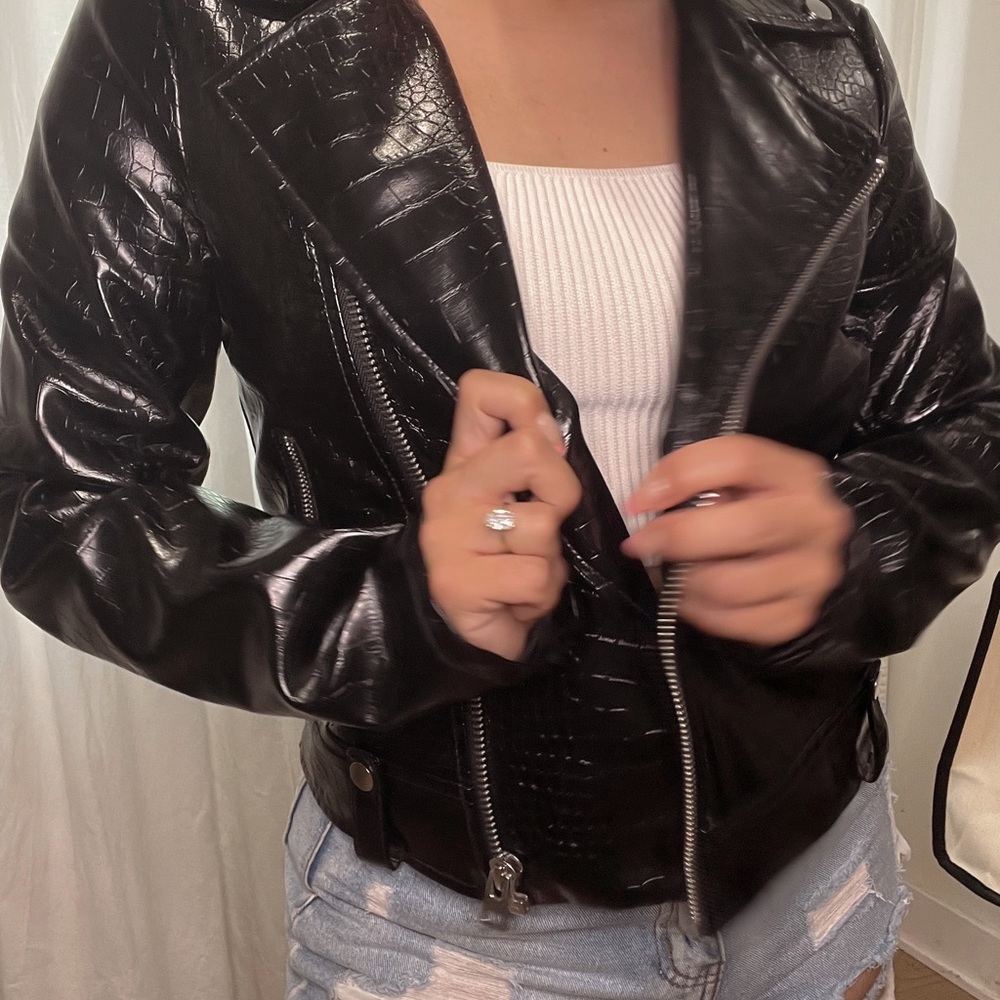 TopShop Patent Vegan Leather Motto Jacket